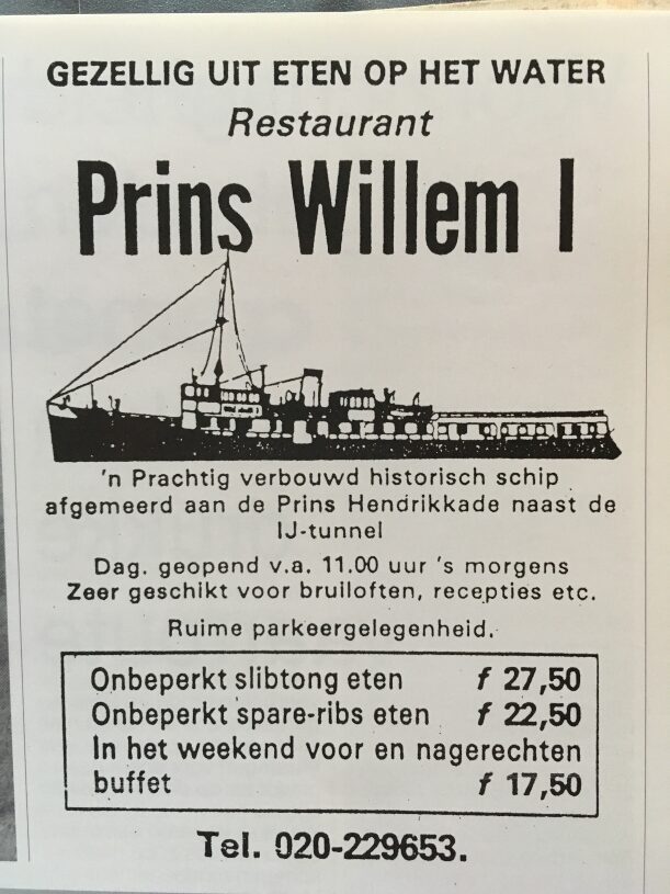 Papieren reclame voor de eetgelegenheid op de Prins Willem 1